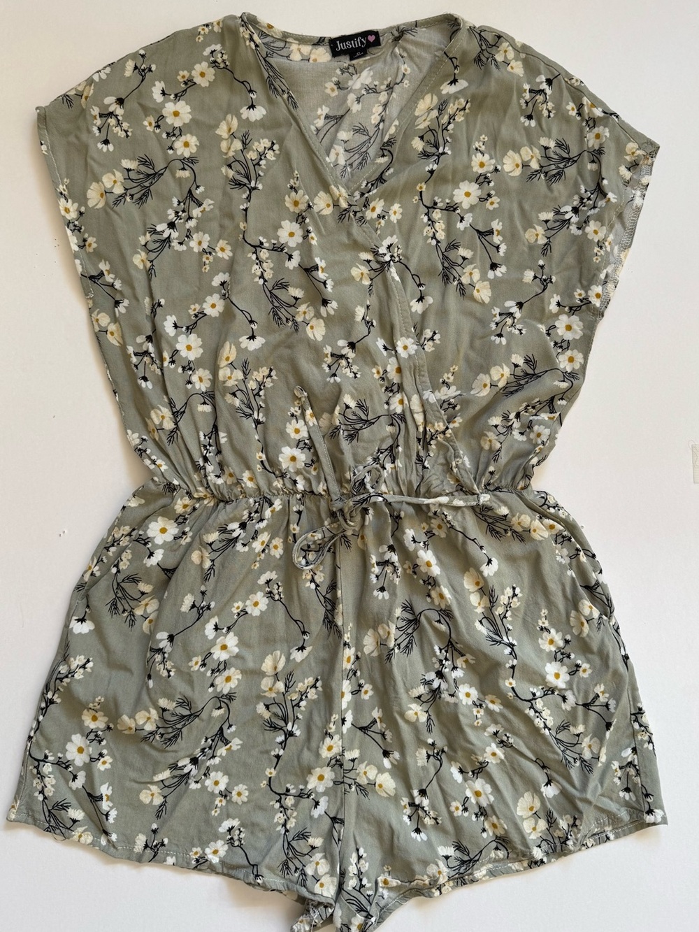 Justify Sage Green Floral V-Neck Wrap Romper